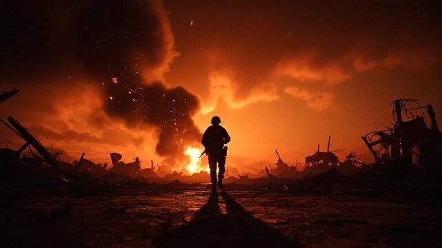 Silhouette of a soldier walking through devastation under a fiery sky