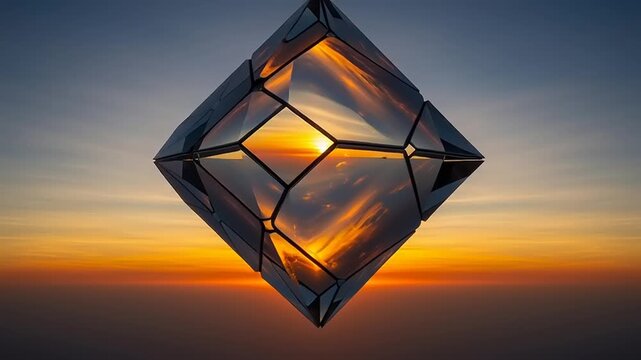Rotating Glass Octahedron at Sunset with Reflections.