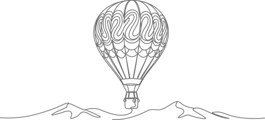 Fototapeta premium A beautiful minimalist line art illustration of a hot air balloon floating gracefully above a mountain range. The design features intricate patterns on the balloon and clean, flowing lines for the rug