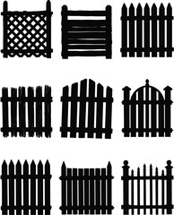 Fototapeta premium Hand drawn black silhouette collection of various wooden garden fence types including picket, lattice, trellis, and rustic farm styles isolated on a white background for landscape design elements.