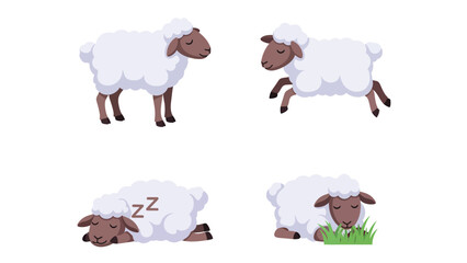 Fototapeta premium Cartoon Sheep Set: Standing, Jumping, Sleeping, and Grazing Farm Animals Vector Illustration