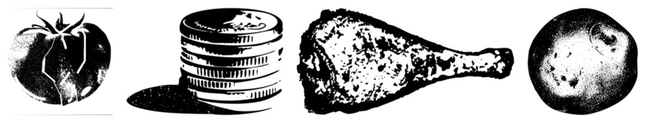 Vintage halftone illustrations of food and currency, stylized graphic, isolated objects, vector art, textured shading, classic print aesthetic.