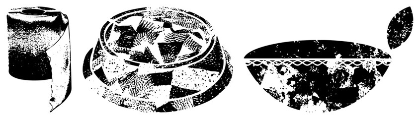 Obraz premium Hand printed textile designs on ceramic bowls and rolled fabric, halftone texture, retro style, vintage, artisan craft, decorative home decor.