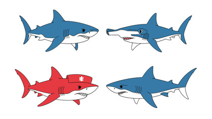 Naklejka premium Playful Cartoon Sharks: Great White, Hammerhead, and Nurse Character Illustrations Set