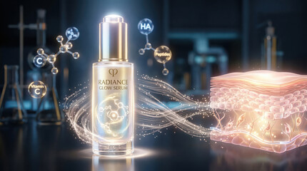 Radiance glow serum bottle with glowing cosmetic light technology, science animation, energy diffusion effect, vitamin C, peptides, HA, and skin layer in laboratory background