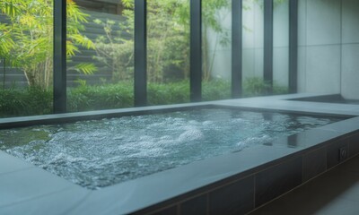Fototapeta premium Interior of a spa tub with steam rising, framed by a large window and bamboo outside
