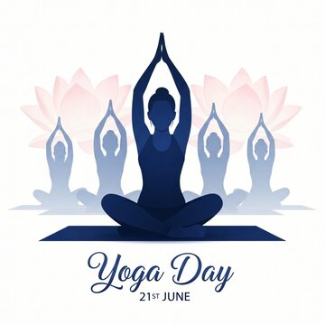 Illustration of yoga day poster with a person meditating in lotus position on a mat with lotus flowers
