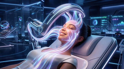 Futuristic cosmetic light technology treatment with glowing energy diffusion effect, woman relaxing in high tech spa, advanced skin care, science animation, joyful expression