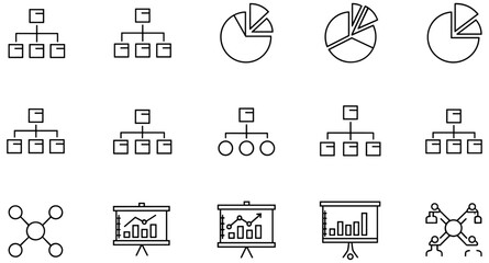 Fototapeta premium Business data visualization icons set with pie charts, organizational diagrams, presentation boards, and balanced scale for analysis concepts