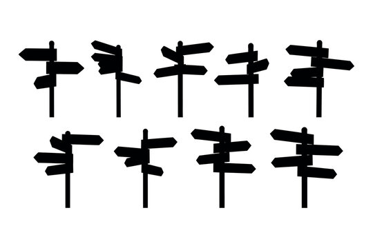 A collection of eight black directional signs on white background