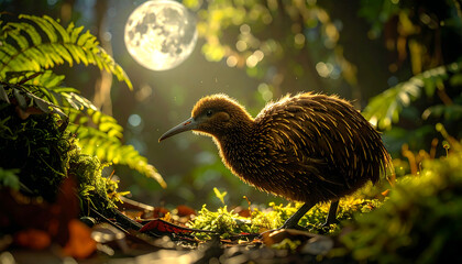 Kiwi Bird in Forest at Night with Moonlight