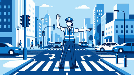 Obraz premium Female traffic police officer directing vehicles and pedestrians at a busy city intersection. Urban street control with modern buildings and traffic signals.