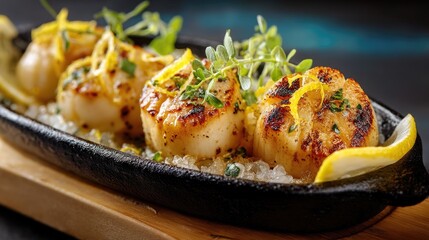 Sizzling Grilled Scallops Garnished with Fresh Herbs and Lemon Slices Served on a Cast Iron Platter for Gourmet Dining Experience
