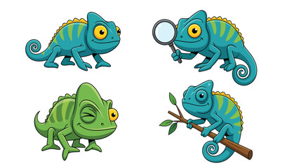 Naklejka premium Chameleon Cartoon Character Set: Cute Reptiles in Playful Poses, Blue and Green Vector Illustration