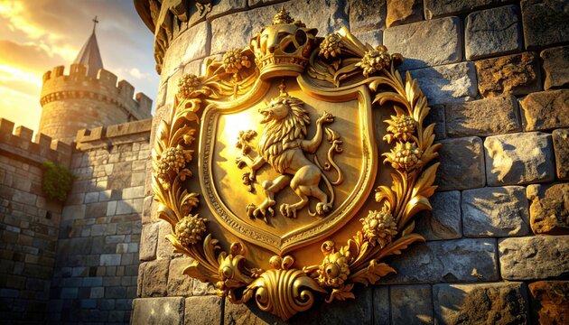 An elaborate gilded crest featuring a majestic lion rampant, ornate crown, and intricate floral motifs, grandly mounted on a sunlit medieval stone castle wall.