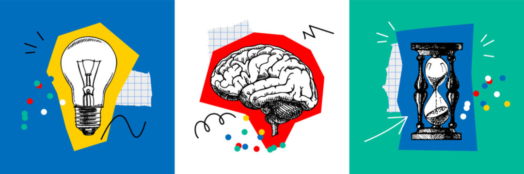 Trendy collage of sketch brain, glowing bulb, hourglass and doodles. Education, university, school, psychology, mental health, coaching, e-learning, wellness concept. Hand drawn vector illustration.