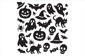 Obraz premium A collection of black silhouettes depicting various halloween themed icons