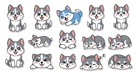 Collection of cute husky puppies in various poses and expressions. © Jaganchan