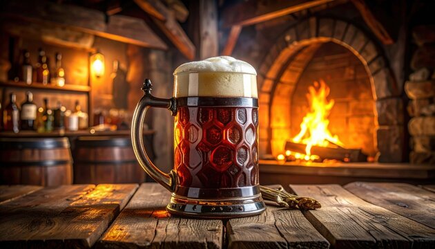 A large frothy ale tankard overflows on a rustic wooden table in a warm, inviting pub, with a cozy crackling fireplace in the background.