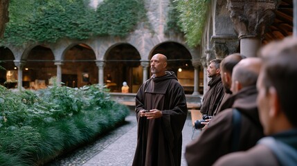 Obraz premium Contemplative photography workshop in monastery cloister, participants holding cameras in silence, stone arches framing courtyard garden, monk instructor gesturing, perfect for spiritual practice
