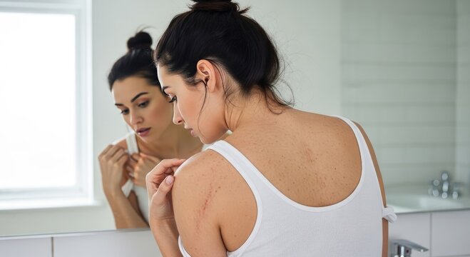 Woman looking at red stretch mark on her shoulder while standing in front of mirror. Concept of skin changes body care dermatology and natural female body awareness.