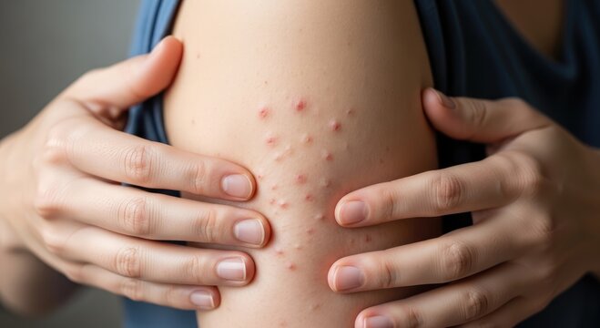 Close up macro texture of acne pimples on female arm skin. Concept of dermatology skin problems and cosmetic concern.