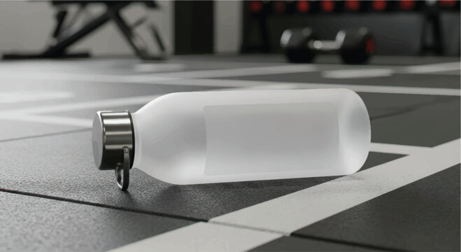 A clear plastic water bottle with a metal cap lying on a gym floor