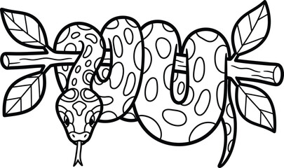 Fototapeta premium A black and white illustration of a snake wrapped around a branch with leaves and a distinctive pattern on its body and head