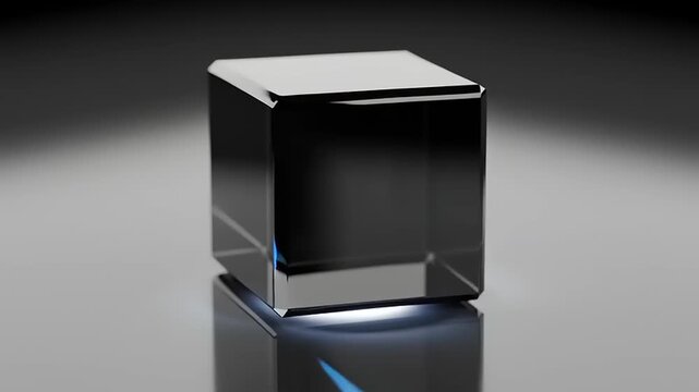 Rotating Black Glass Cube on Reflective Surface.