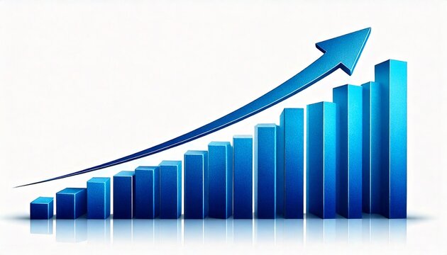 blue bar graph with upward trending arrow isolated on white background