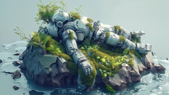 Abandoned giant robot on an island in 3D isometric low poly clay style. 4K Videos