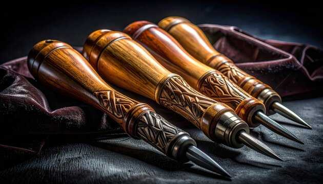 Exquisitely detailed carving gouges with intricate wooden handles, showcasing skilled craftsmanship and artistic design, laid out elegantly on a dark textured surface.