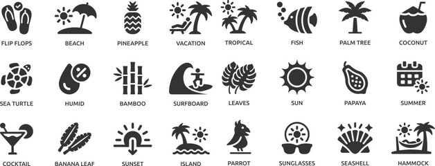Tropical icon set. Beach, island, coconut, summer, parrot, fish, palm tree, cocktail, vacation, banana leaf and more. © Deloara