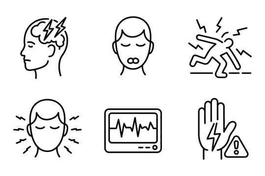 Seizure awareness icons showing symptoms and risks, vector illustrations for epilepsy education, medical awareness campaigns