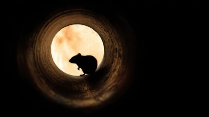 Fototapeta premium The mouse silhouette in a backlit pipe tunnel framed by glowing circular opening
