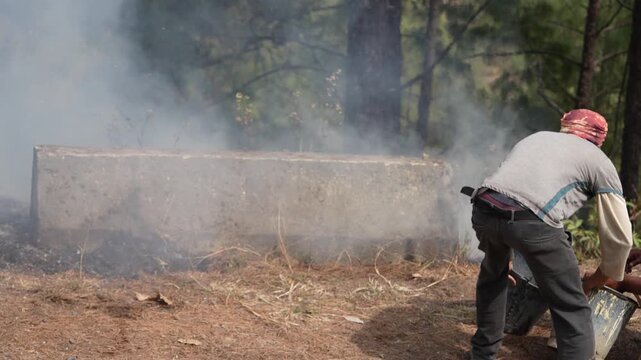 Villagers fighting a jungle fire with buckets in a smoky forest area, capturing local emergency response, wildfire danger, and community effort in a rural landscape