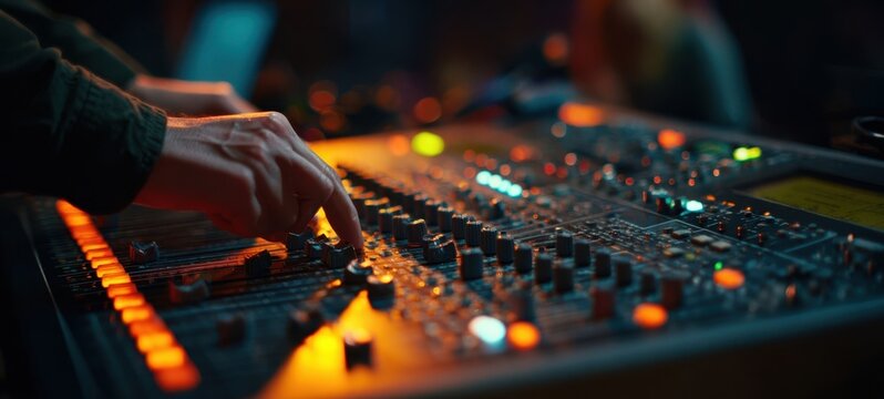 The mixing console in a dimly lit studio with hands adjusting faders