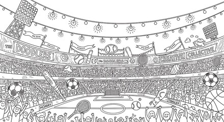 Obraz premium Doodle stadium scene with crowd, various sports equipment, flags, and lights