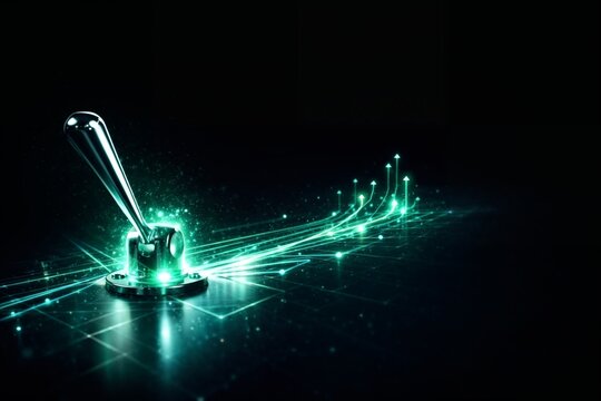 Business strategy leverage concept with a metallic control lever activating glowing digital growth paths. Visual metaphor of leadership decision triggering innovation, scaling and business expansion.