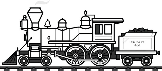 A classic black and white line art drawing of a steam locomotive  © Sheikh