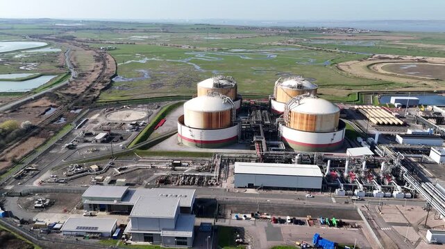 Oil storage tanks on Isle of Grain Kent UK drone,aerial