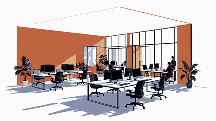Obraz premium Modern Office Space with Desks and Computers vector illustration