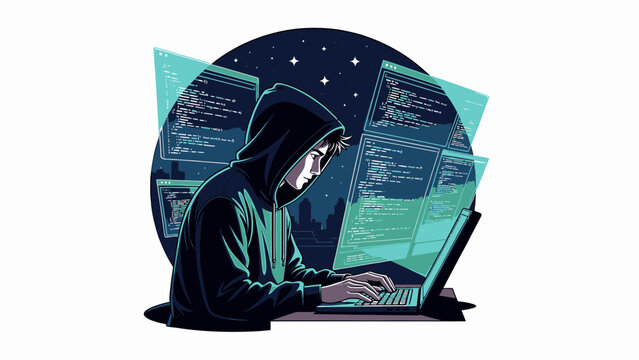 Hacker In Hoodie Typing On Laptop With Code Screens vector illustration