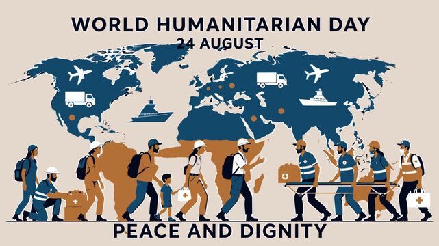 World Humanitarian Day Background with People and World Map vector illustration