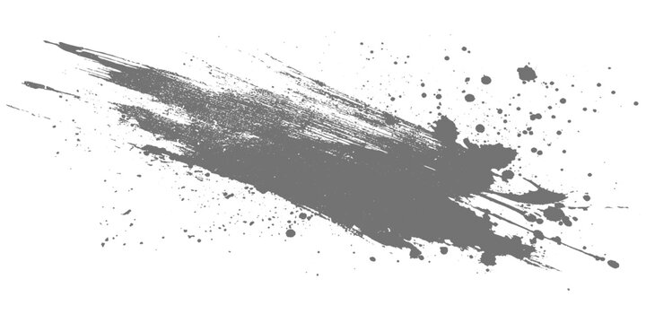 Black grunge brush stroke with paint splatter on light gray background, rough textured ink swipe, minimalist abstract design vector illustration.	
