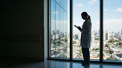 Fototapeta premium Silhouette of a medical professional wearing a lab coat holding a tablet device by a window overlooking a city skyline