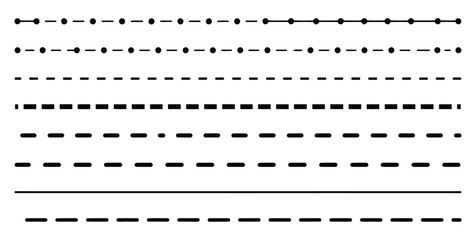 Obraz premium Set of long dotted line connection, different types of long dashed line, collection of lines for notebook pages, graphic seamless pattern with black stripes