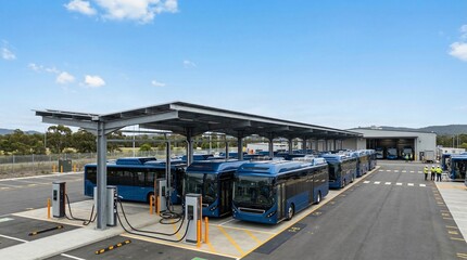 Fototapeta premium Fleet of blue electric buses charging at a modern depot under a bright sky