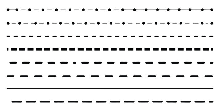 Set of long dotted line connection, different types of long dashed line, collection of lines for notebook pages, graphic seamless pattern with black stripes