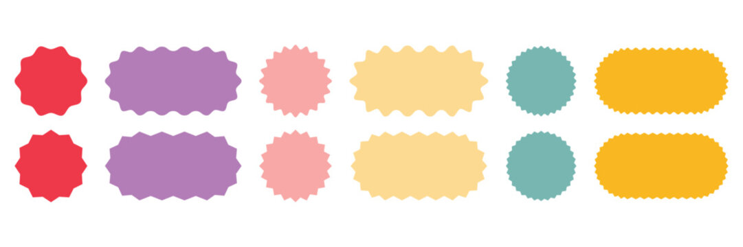 Set of colorful geometric burst shapes including wavy and zigzag starburst badges for sale stickers, product labels, and creative price tags graphic elements.